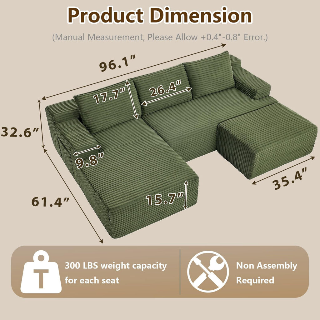 Green Small-3 Seaters Left Chaise+Ottoman-96.1 inch W2339DIY09