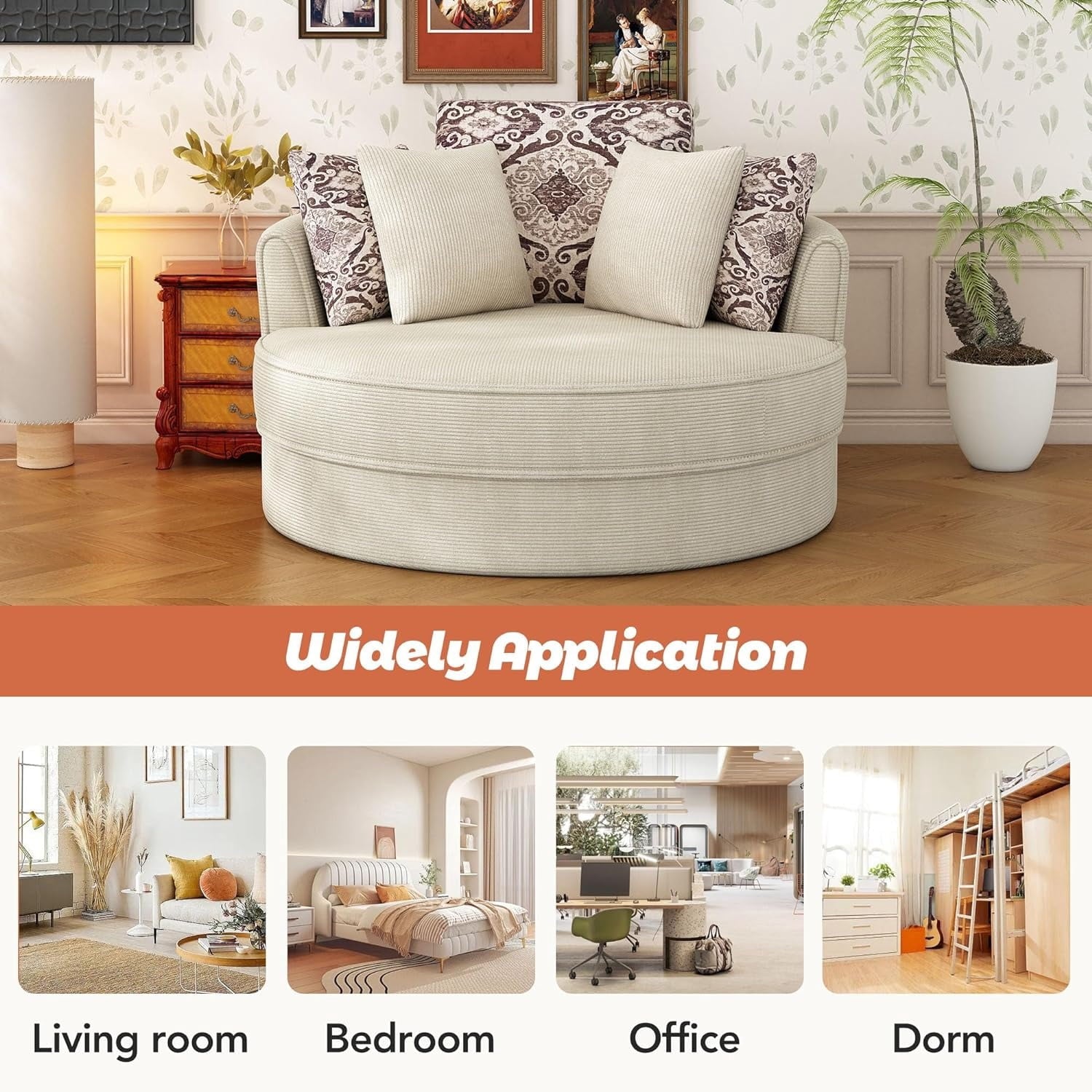 Beige SU-N719-Beige-51.5" Swivel Round Sofa+5 Pillows