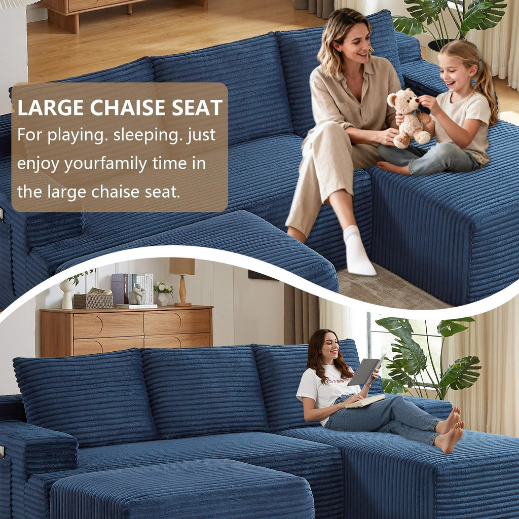Blue Small-3 Seaters Right Chaise+Ottoman-96.1 inch W2339DIY08