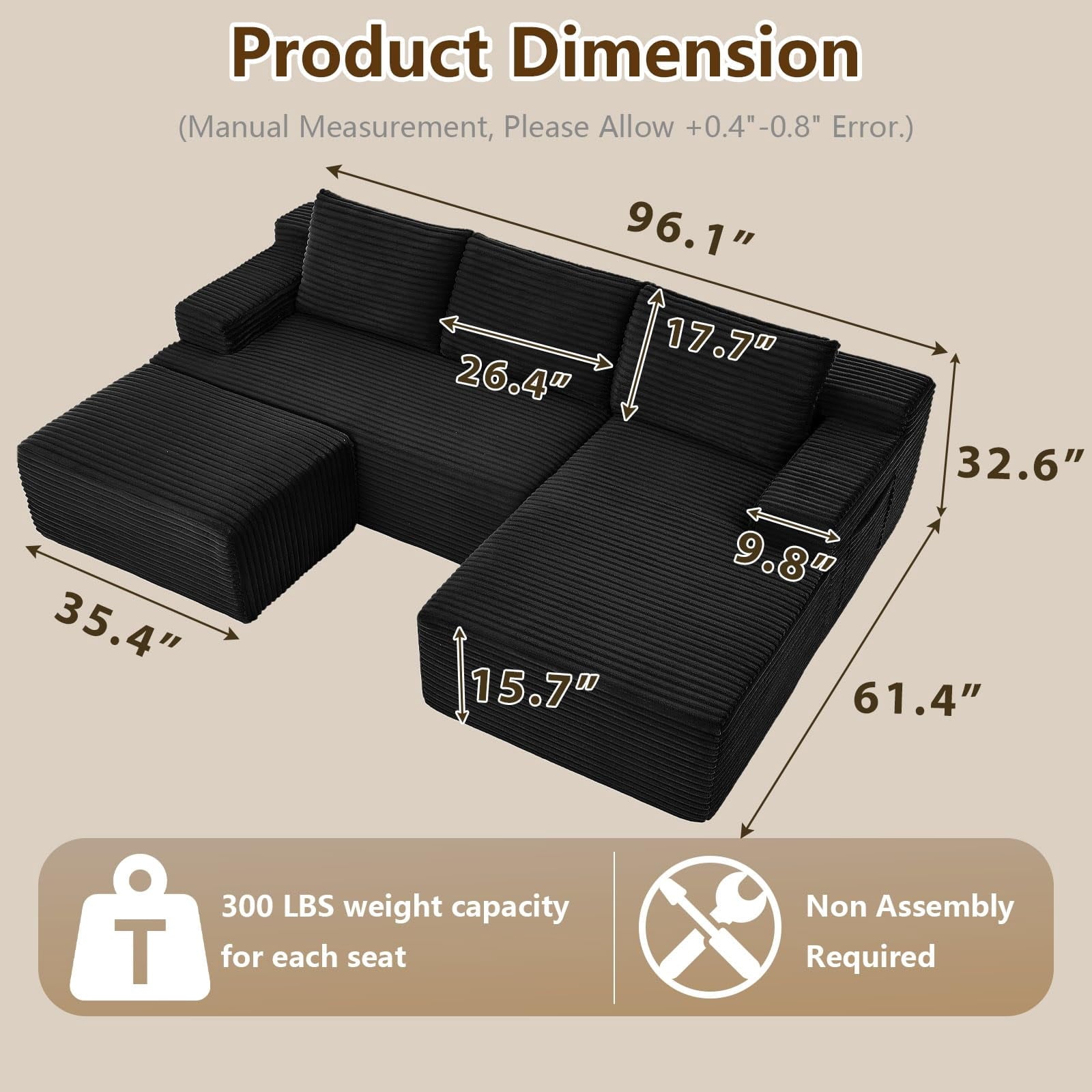 Black Small-3 Seaters Right Chaise+Ottoman-96.1 inch W2339DIY02