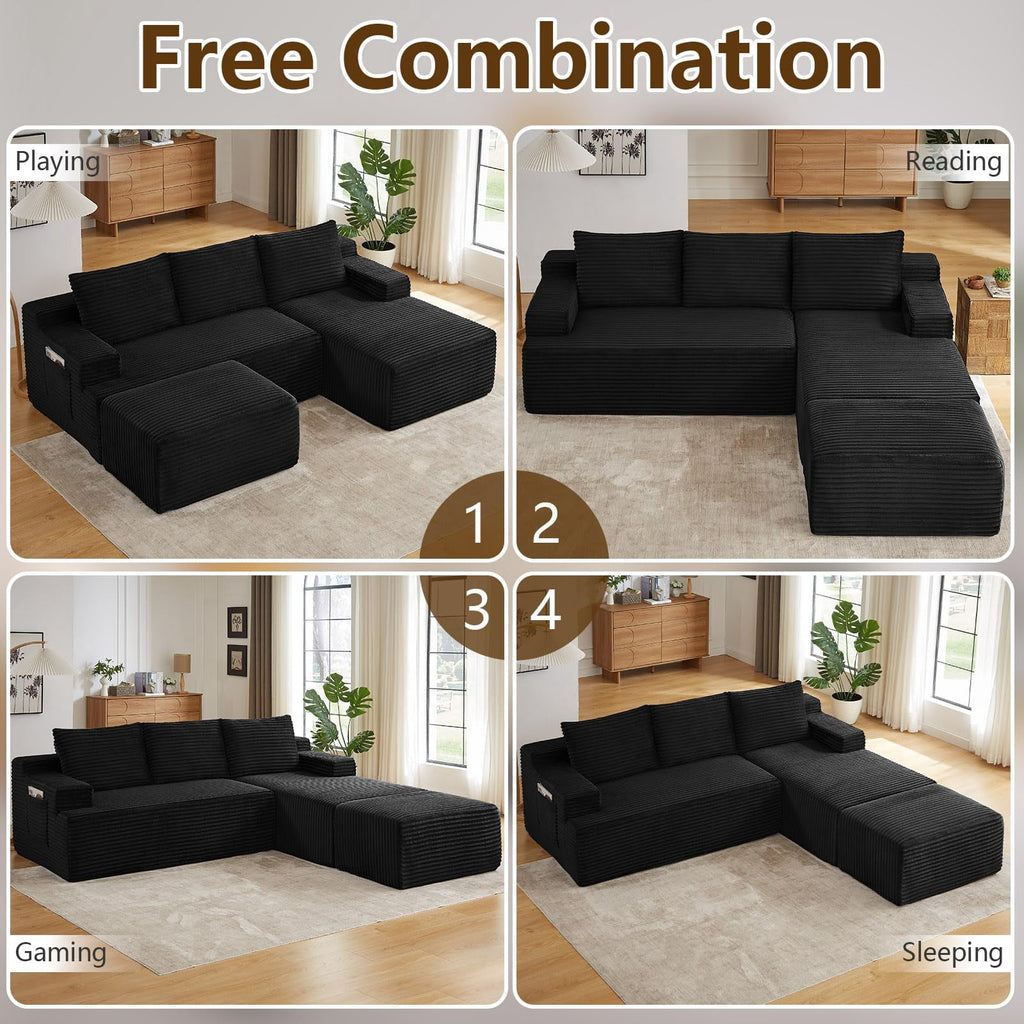 Black Small-3 Seaters Right Chaise+Ottoman-96.1 inch W2339DIY02