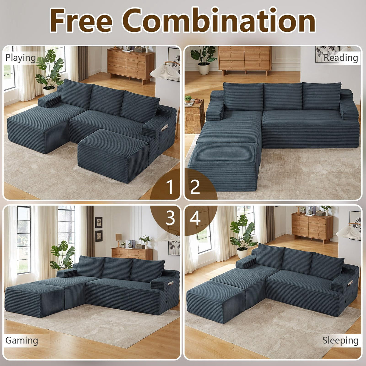 Drak Gray Small-3 Seaters Left Chaise+Ottoman-96.1 inch W2339DIY05