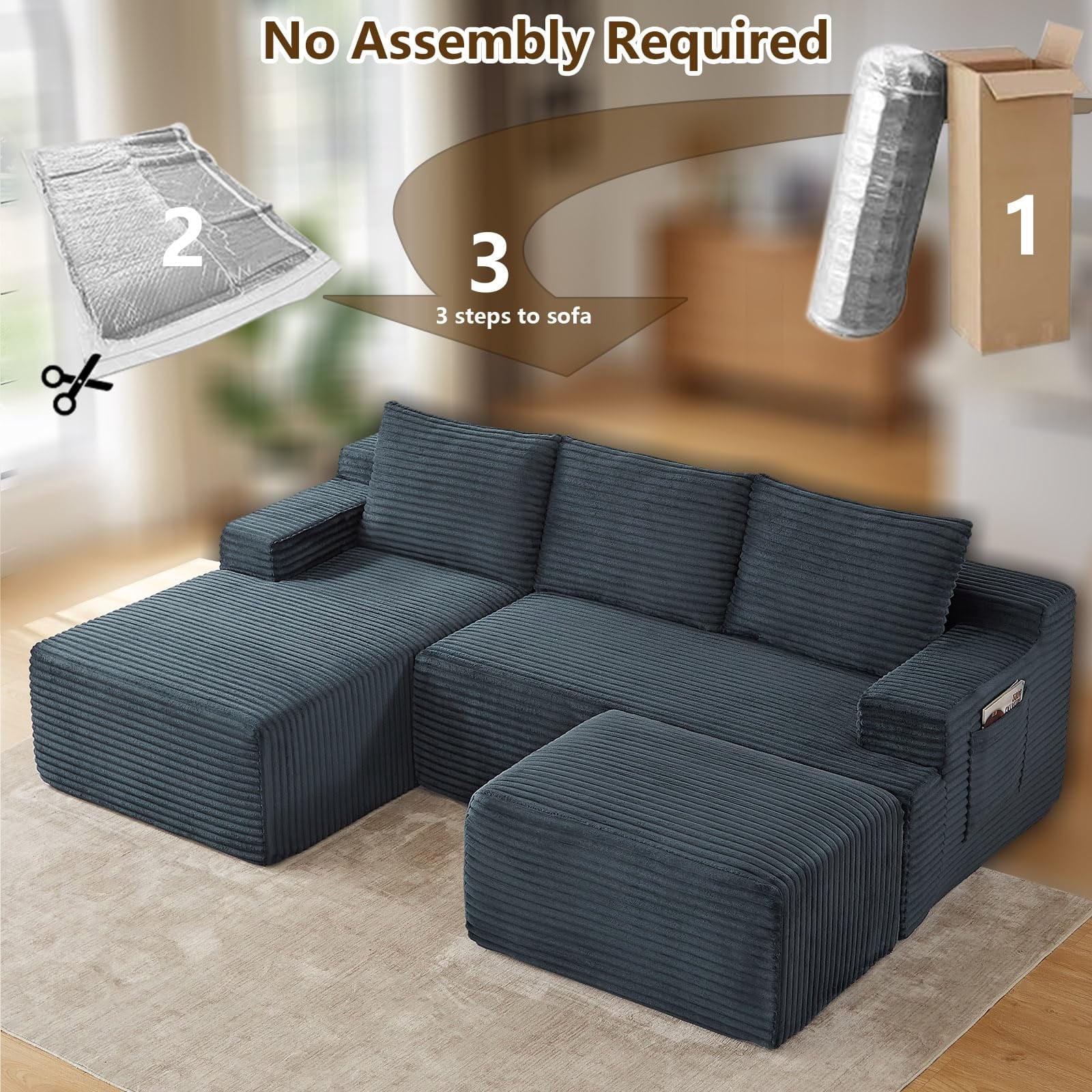 Drak Gray Small-3 Seaters Left Chaise+Ottoman-96.1 inch W2339DIY05