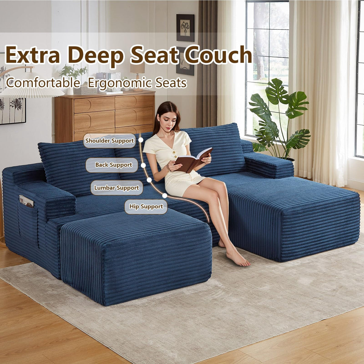 Blue Small-3 Seaters Right Chaise+Ottoman-96.1 inch W2339DIY08