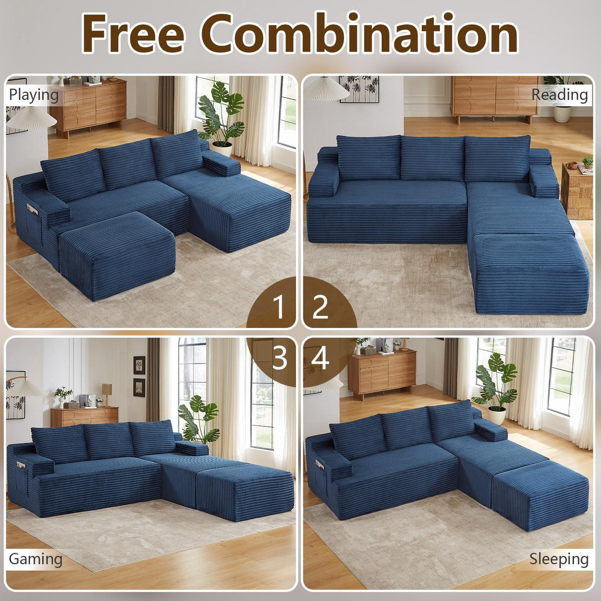 Blue Small-3 Seaters Right Chaise+Ottoman-96.1 inch W2339DIY08