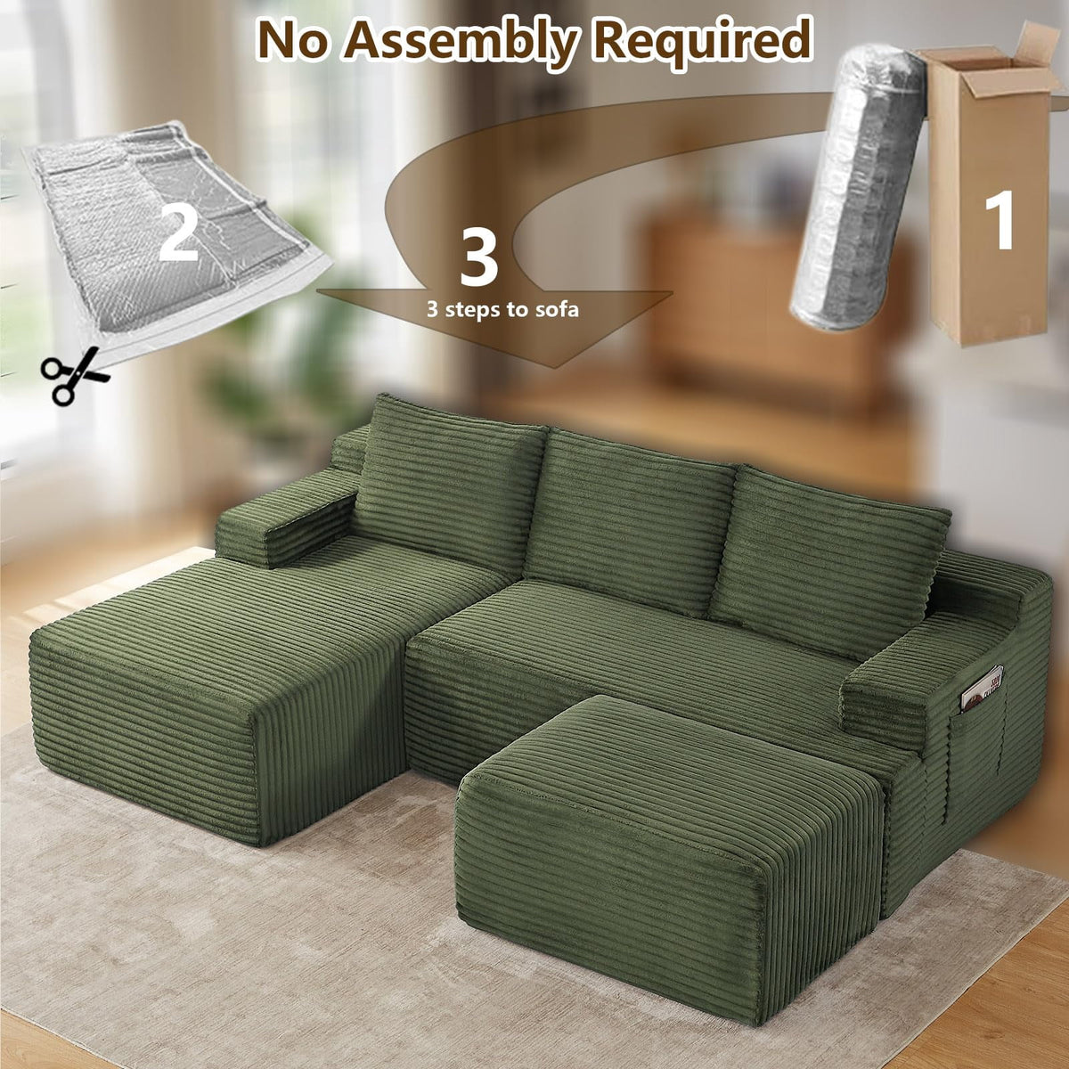 Green Small-3 Seaters Left Chaise+Ottoman-96.1 inch W2339DIY09