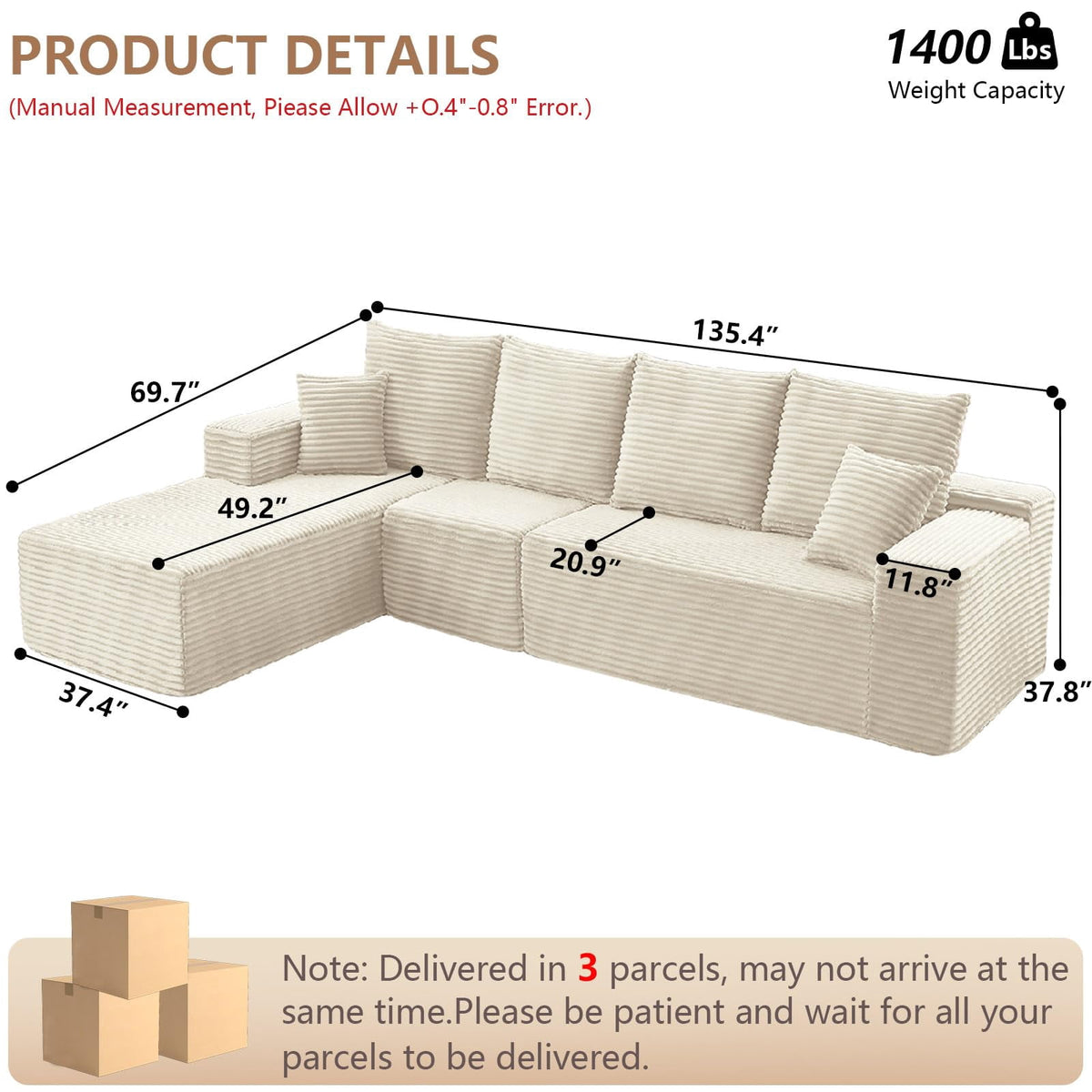 White 135" Left Facing Chaise W2824S00117/
