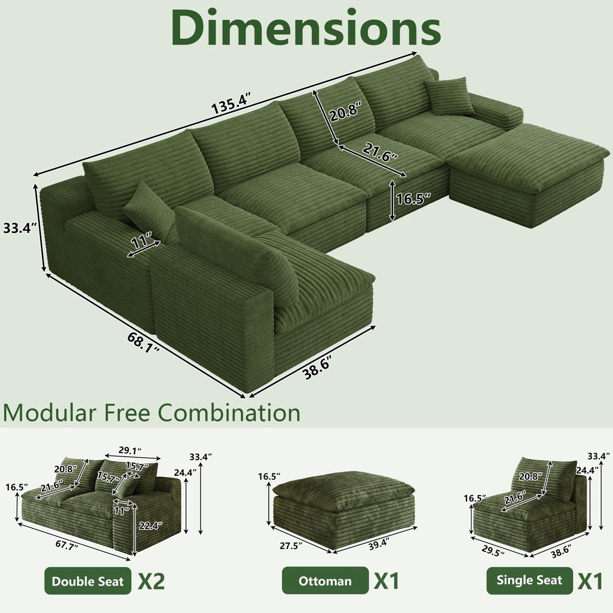 Green U-5 Seater+Ottoman W2824DIY148-Z