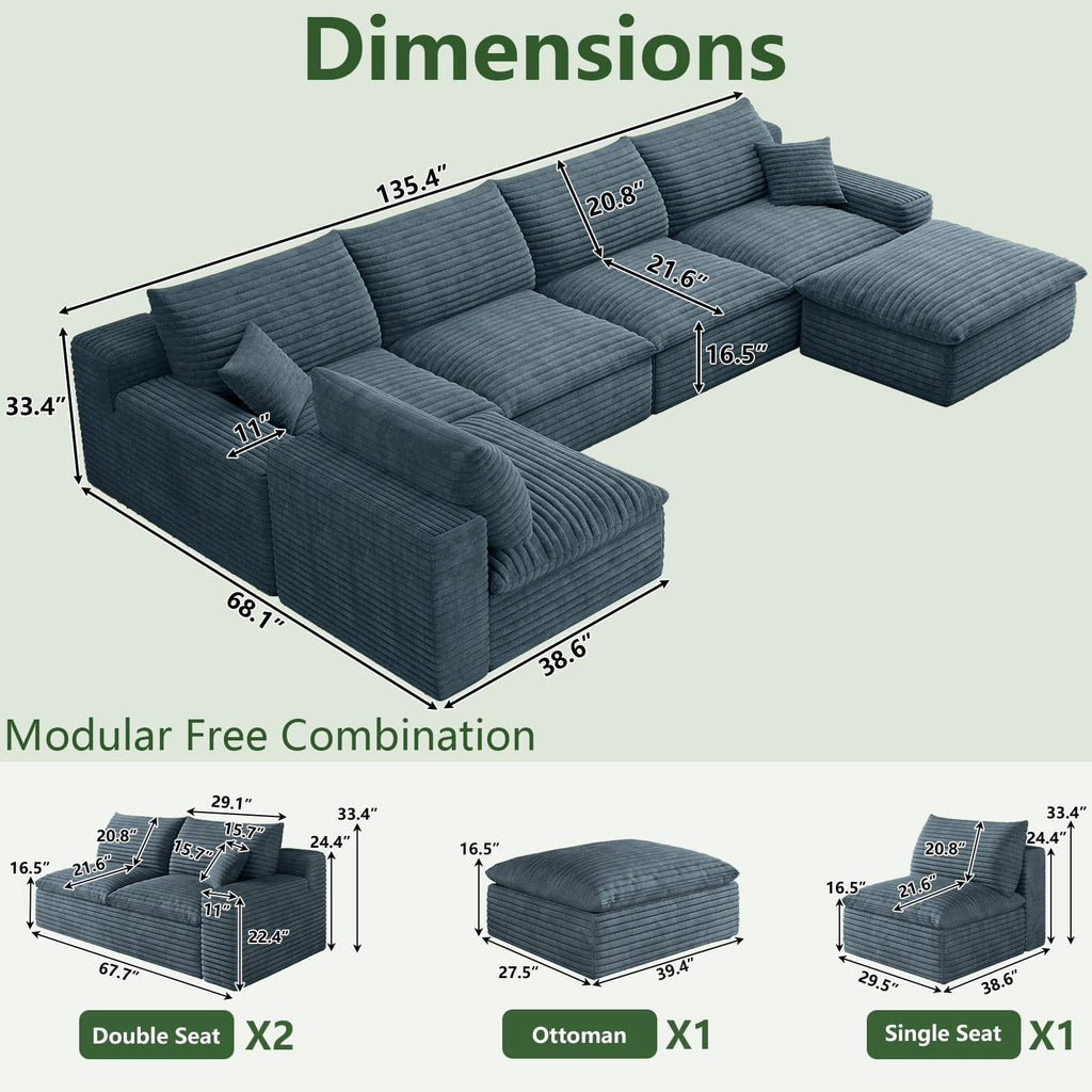 Blue U-5 Seater+Ottoman W2824DIY115-ZZ