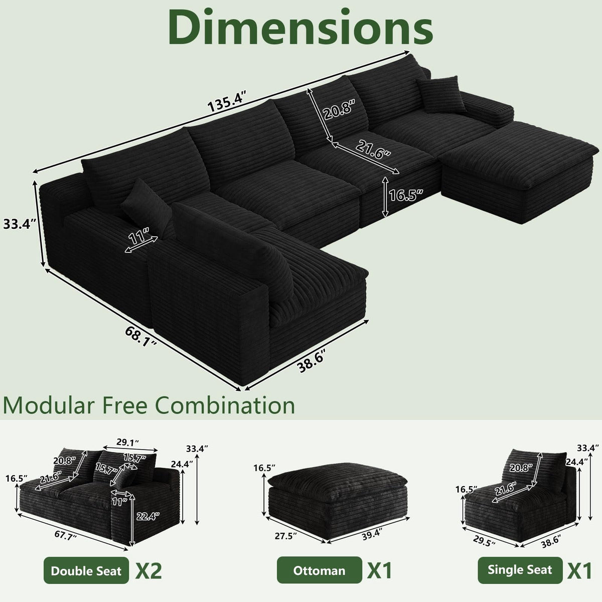 Blcak U-5 Seater+Ottoman W2824DIY119-ZZ