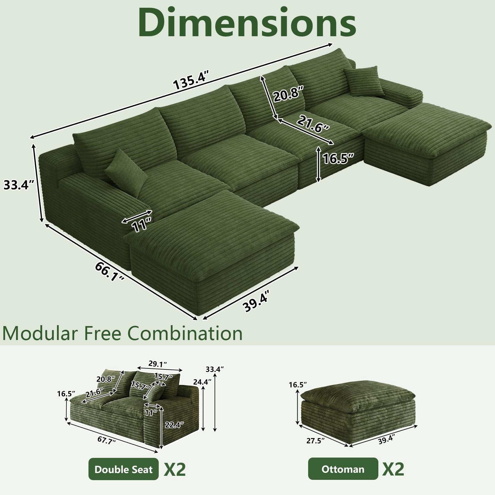 Green U-4 Seater+2 Ottoman W2824DIY139-Z
