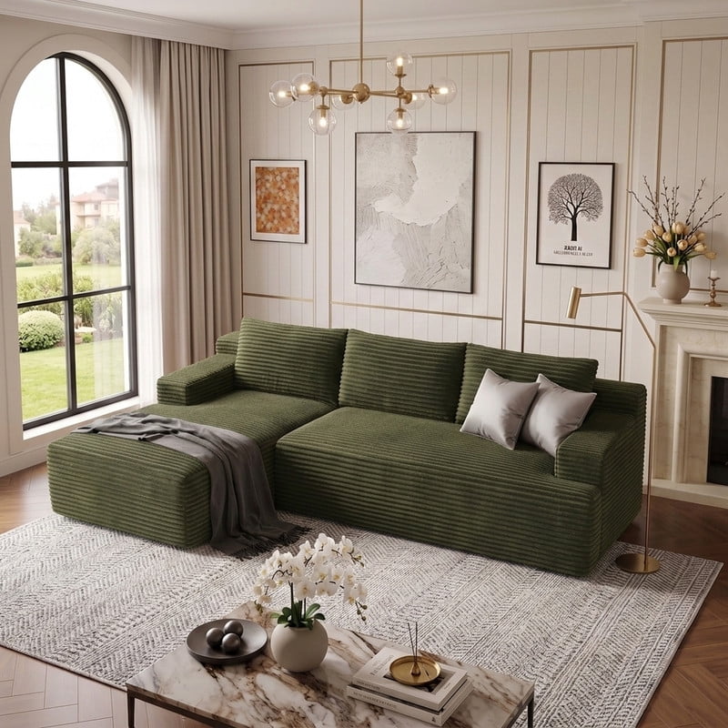 96" L-Shaped Sectional Couches for Living Room, Modular Cloud Couch with Chaise, Corduroy Deep Seat Boneless Sofa, No Assembly, Dark Gray