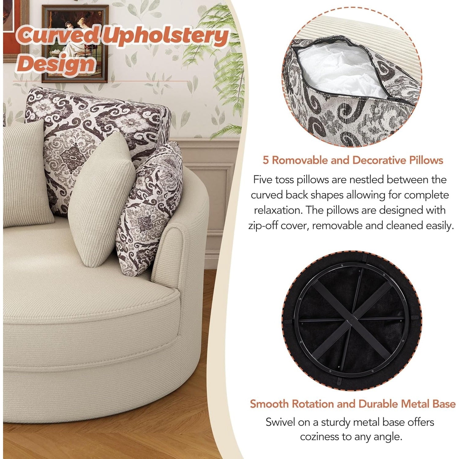 Beige SU-N719-Beige-51.5" Swivel Round Sofa+5 Pillows
