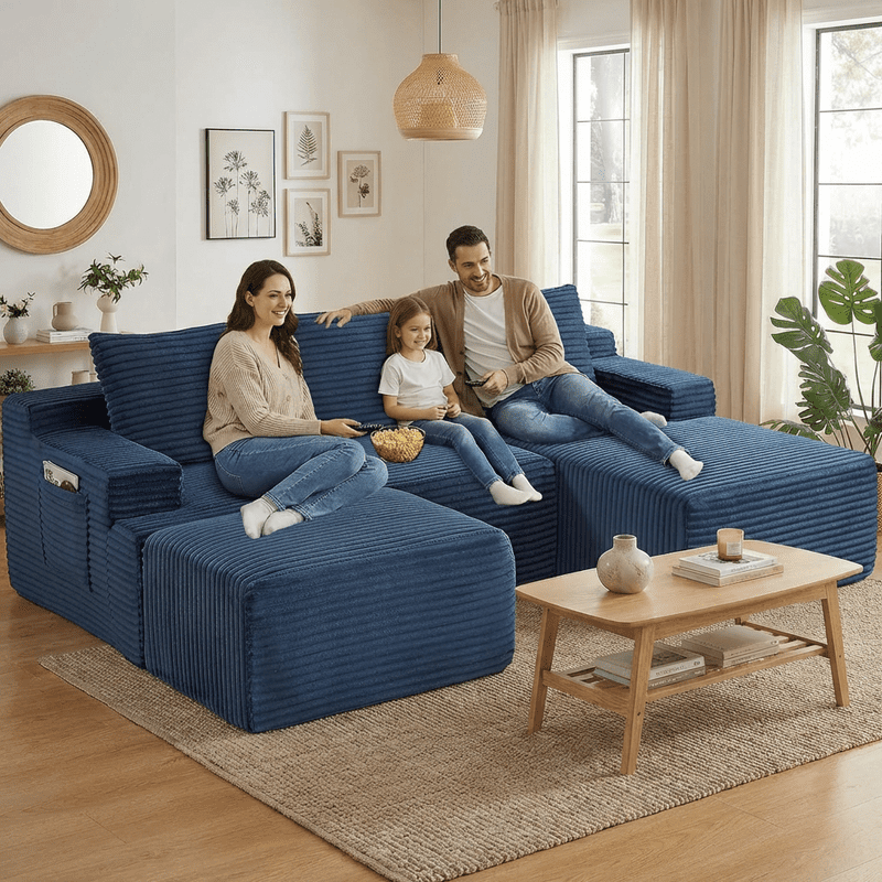 Blue Small-3 Seaters Right Chaise+Ottoman-96.1 inch W2339DIY08