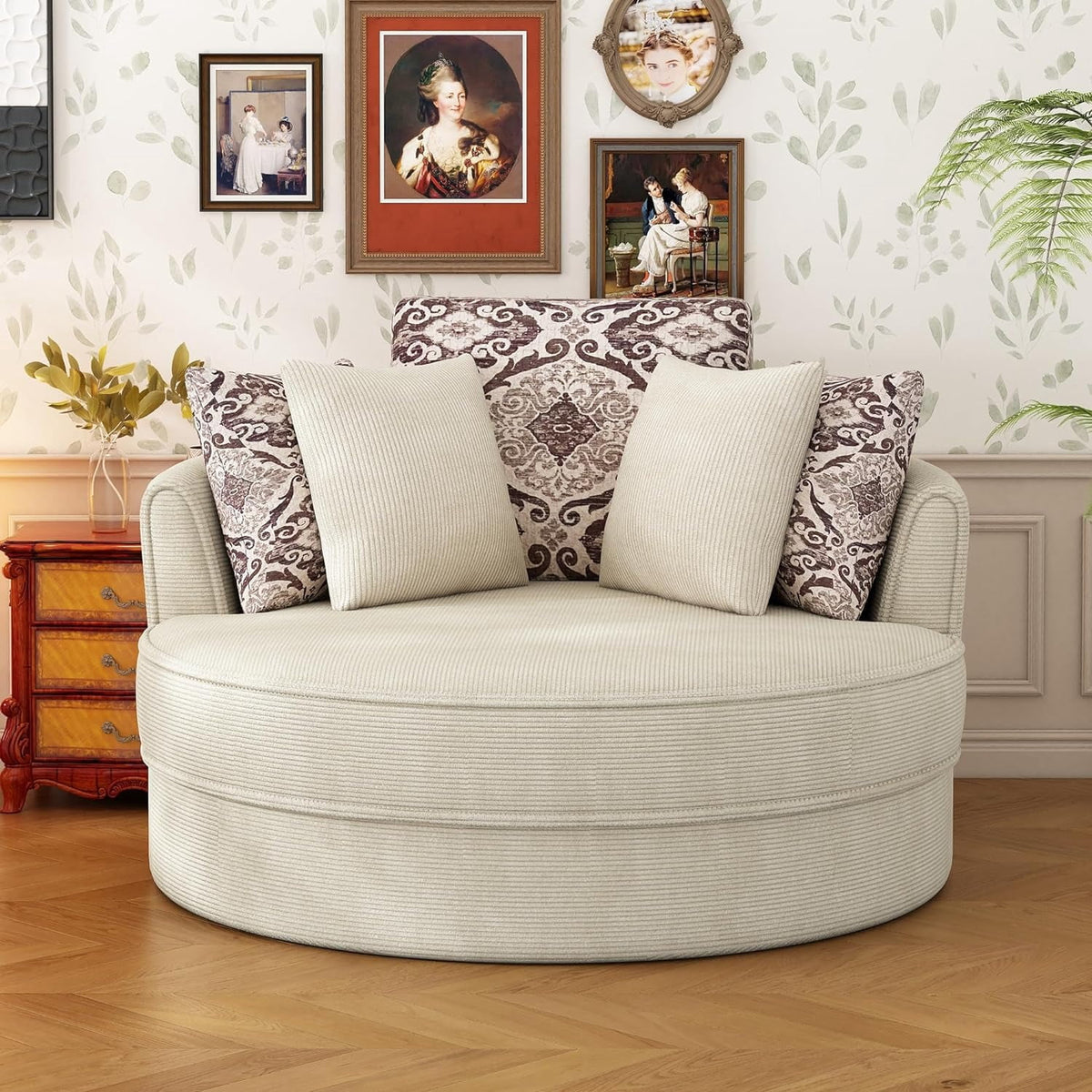 Beige SU-N719-Beige-51.5" Swivel Round Sofa+5 Pillows