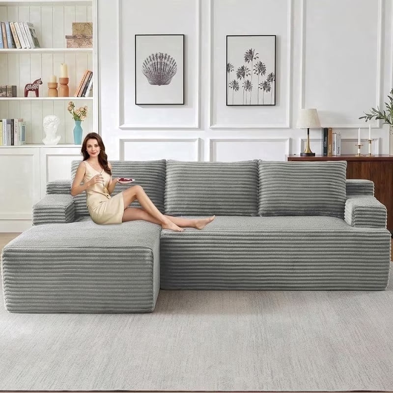 96" L-Shaped Sectional Couches for Living Room, Modular Cloud Couch with Chaise, Corduroy Deep Seat Boneless Sofa, No Assembly, Dark Gray