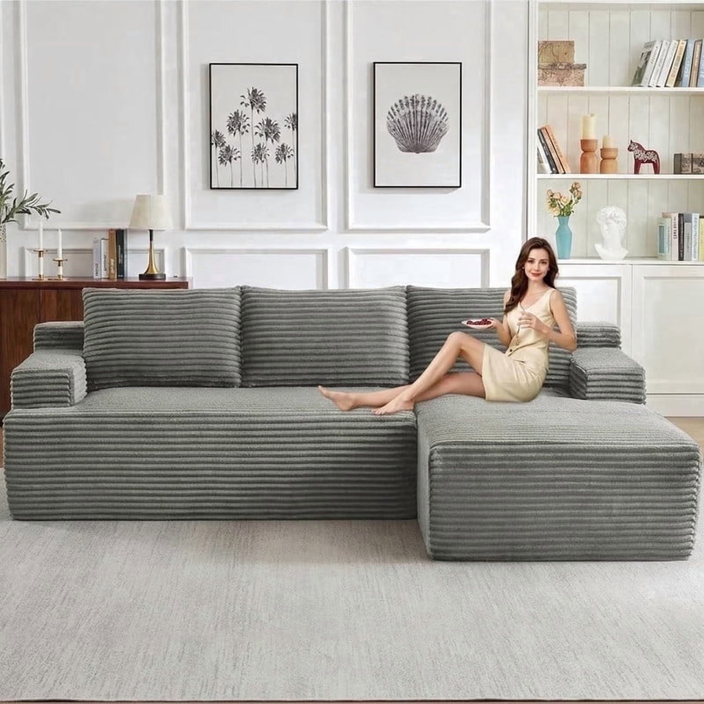 96" L-Shaped Sectional Couches for Living Room, Modular Cloud Couch with Chaise, Corduroy Deep Seat Boneless Sofa, No Assembly, Dark Gray