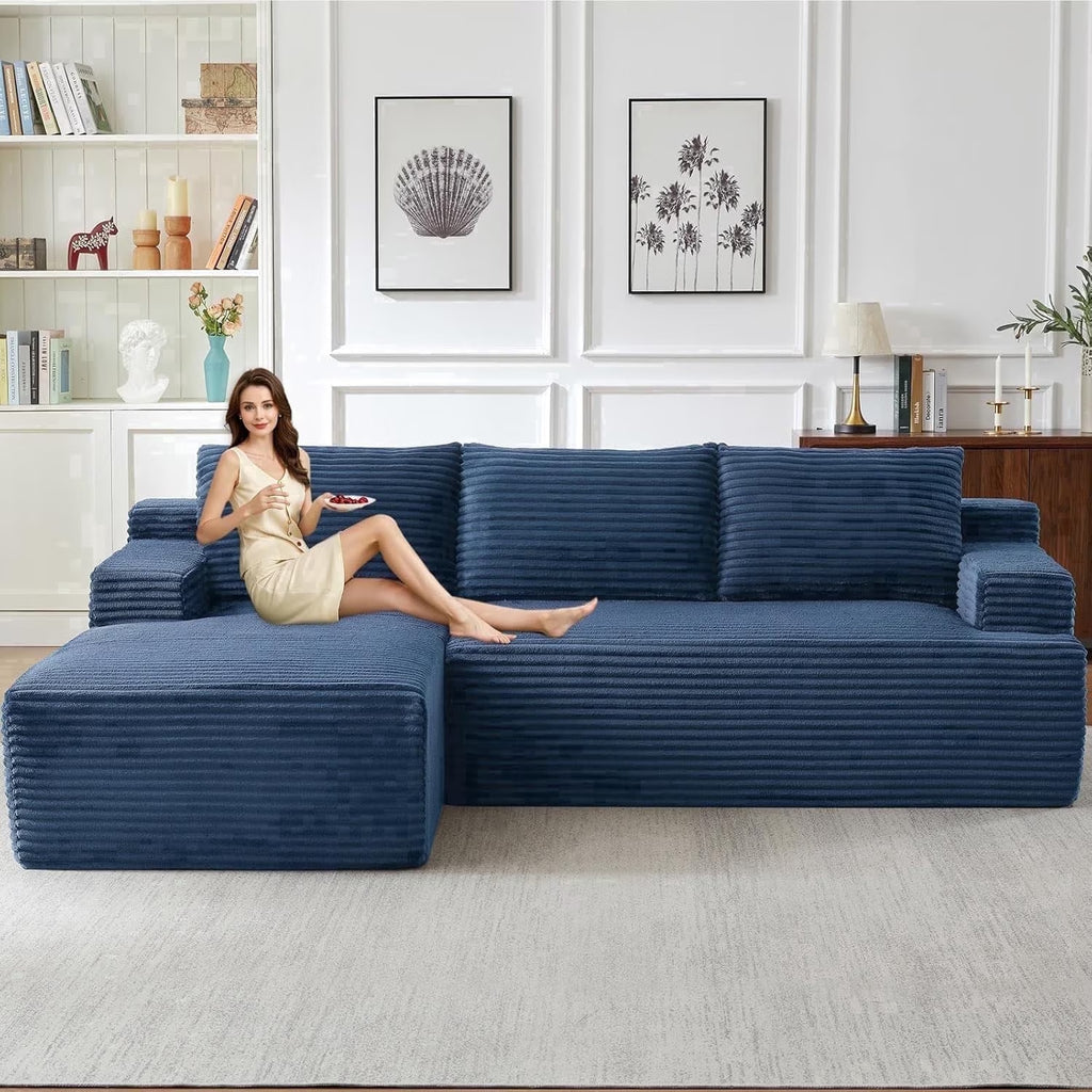 96" L-Shaped Sectional Couches for Living Room, Modular Cloud Couch with Chaise, Corduroy Deep Seat Boneless Sofa, No Assembly, Dark Gray