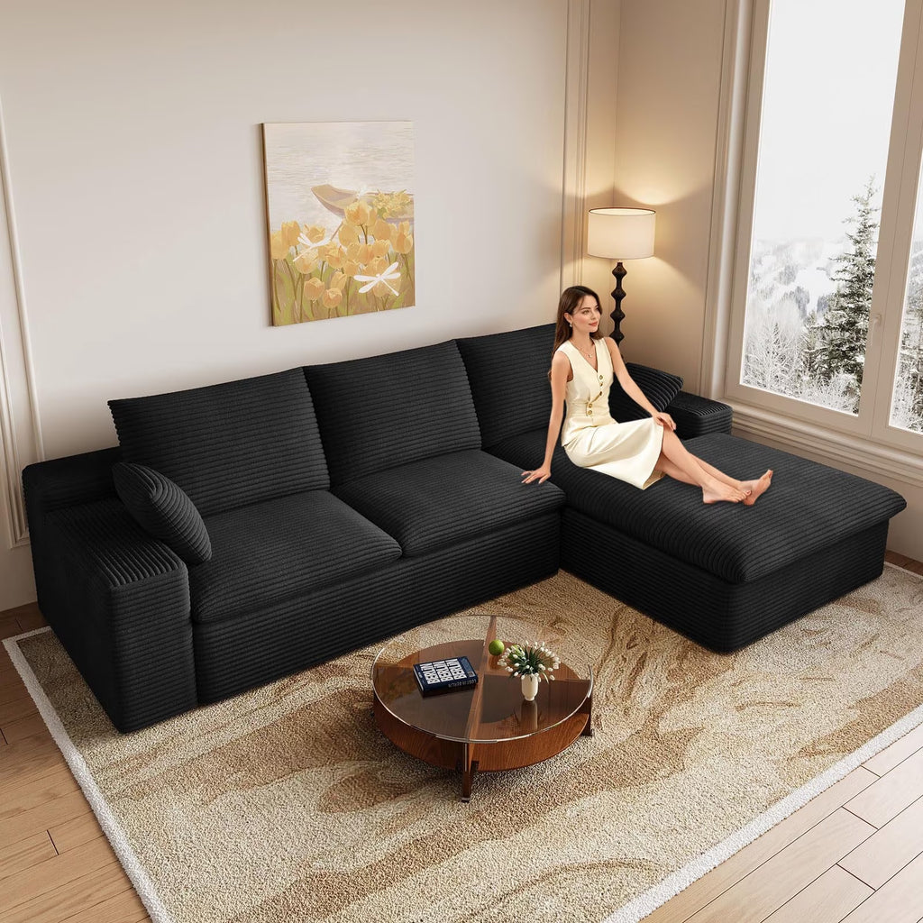 96" L-Shaped Sectional Couches for Living Room, Modular Cloud Couch with Chaise, Corduroy Deep Seat Boneless Sofa, No Assembly, Dark Gray