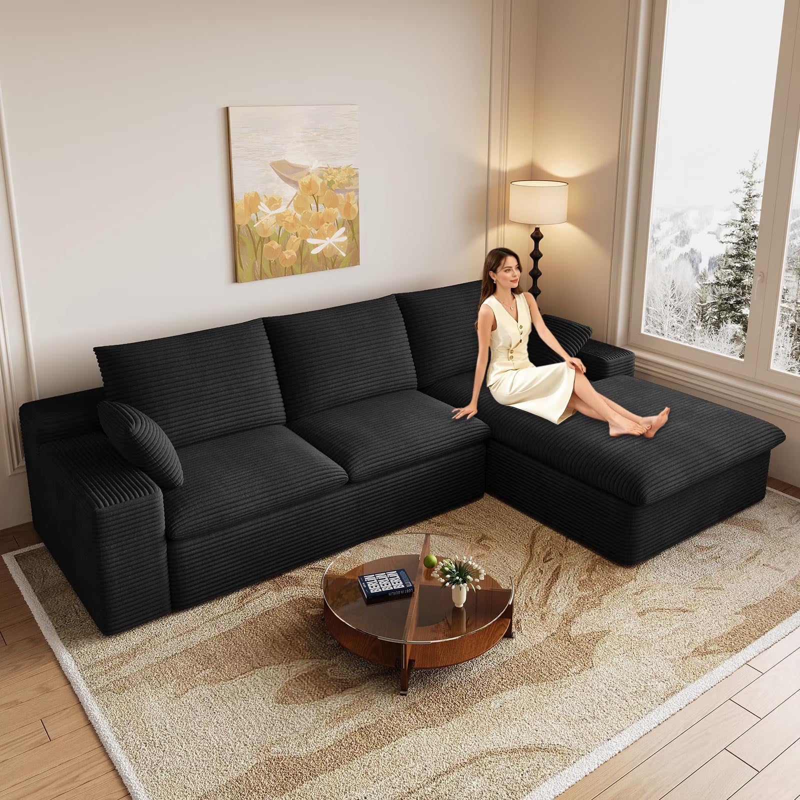 96" L-Shaped Sectional Couches for Living Room, Modular Cloud Couch with Chaise, Corduroy Deep Seat Boneless Sofa, No Assembly, Dark Gray
