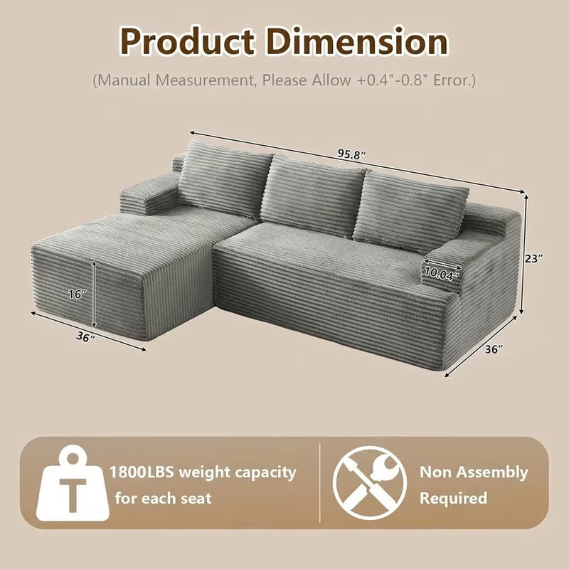 96" L-Shaped Sectional Couches for Living Room, Modular Cloud Couch with Chaise, Corduroy Deep Seat Boneless Sofa, No Assembly, Dark Gray