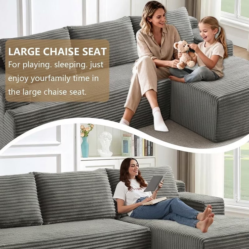 96" L-Shaped Sectional Couches for Living Room, Modular Cloud Couch with Chaise, Corduroy Deep Seat Boneless Sofa, No Assembly, Dark Gray