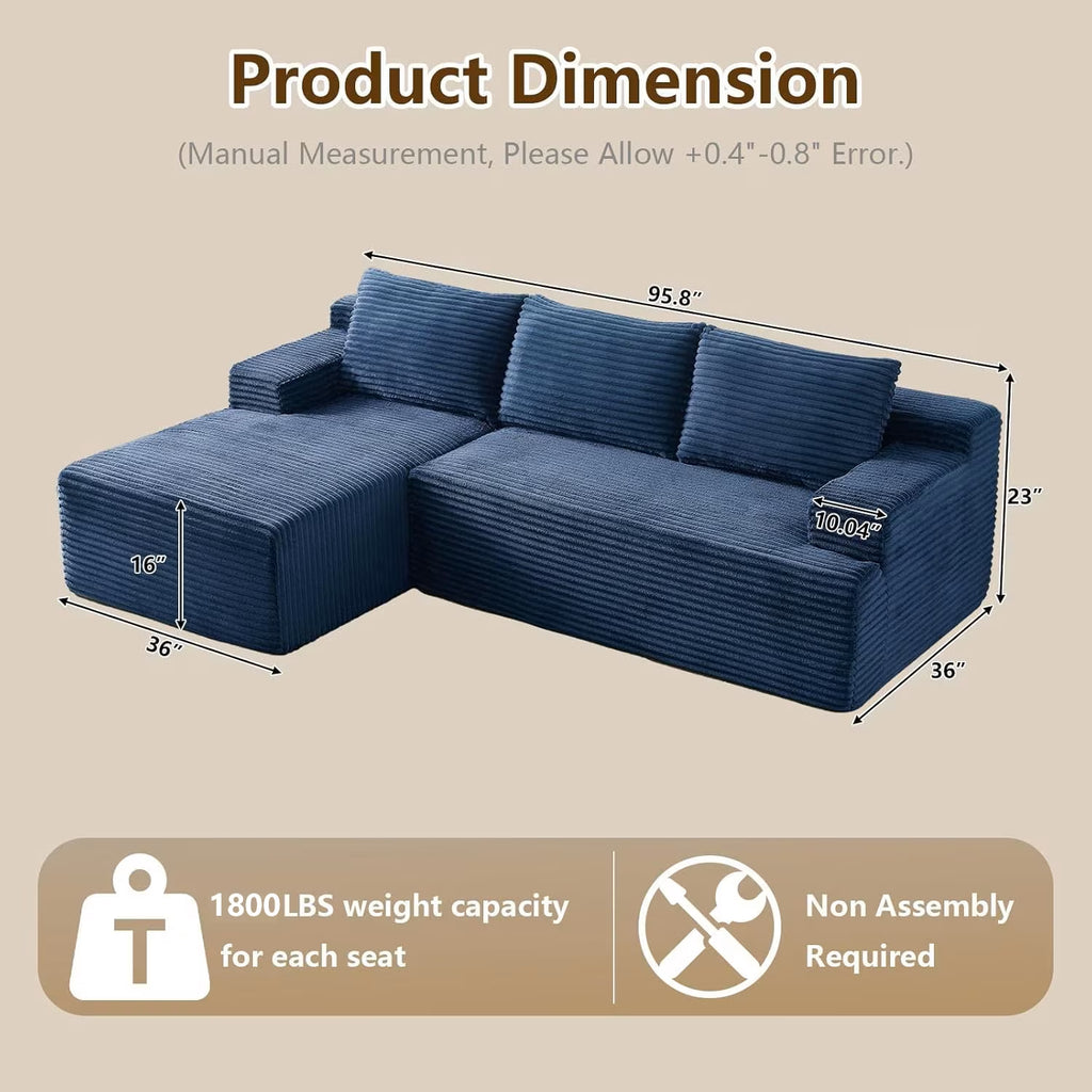 96" L-Shaped Sectional Couches for Living Room, Modular Cloud Couch with Chaise, Corduroy Deep Seat Boneless Sofa, No Assembly, Dark Gray