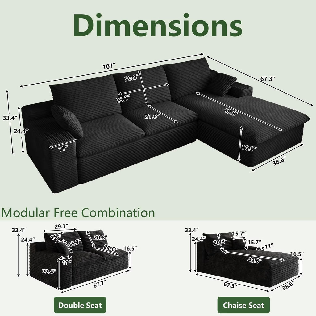 96" L-Shaped Sectional Couches for Living Room, Modular Cloud Couch with Chaise, Corduroy Deep Seat Boneless Sofa, No Assembly, Dark Gray
