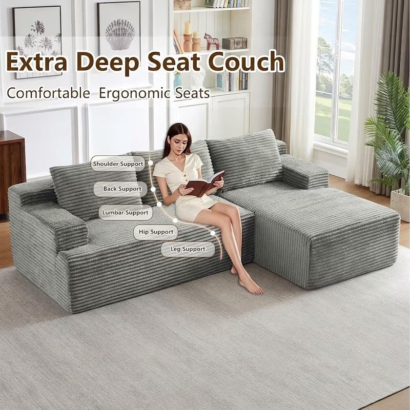 96" L-Shaped Sectional Couches for Living Room, Modular Cloud Couch with Chaise, Corduroy Deep Seat Boneless Sofa, No Assembly, Dark Gray