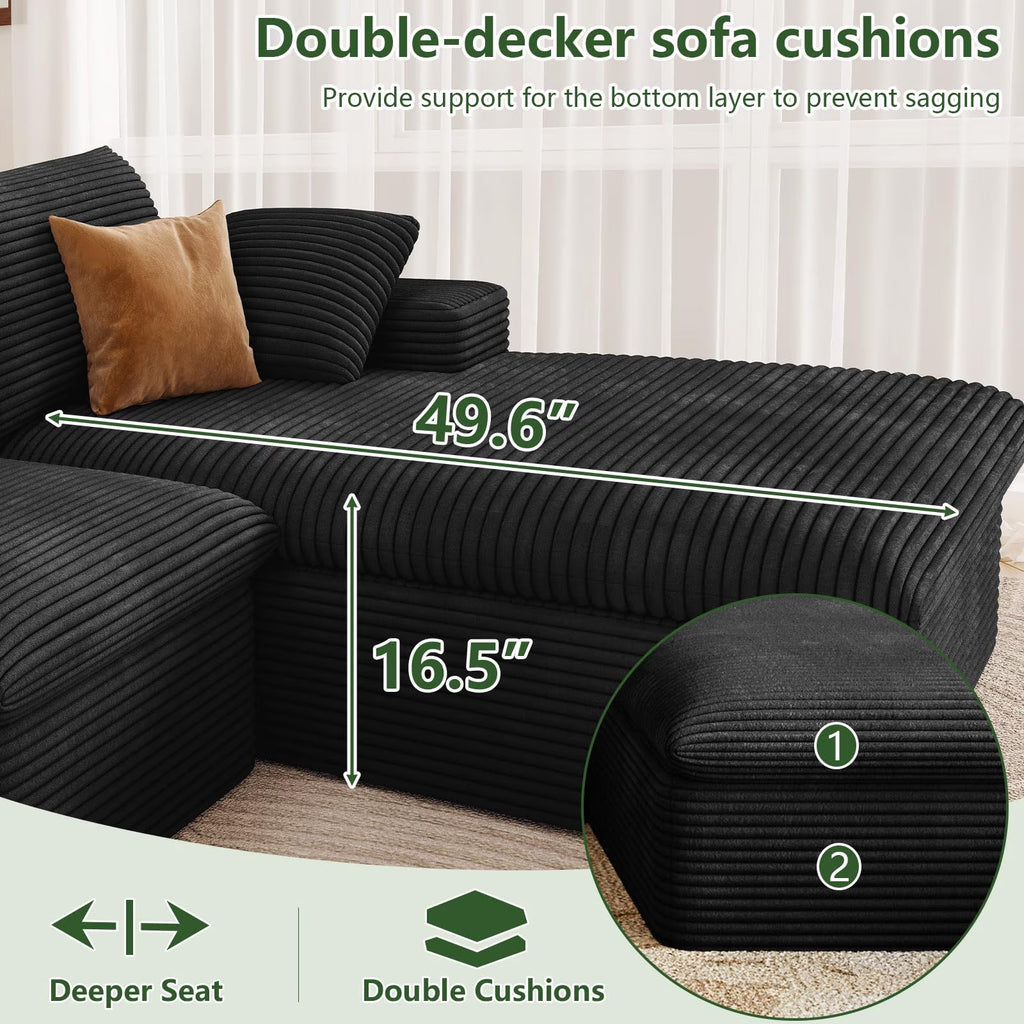 96" L-Shaped Sectional Couches for Living Room, Modular Cloud Couch with Chaise, Corduroy Deep Seat Boneless Sofa, No Assembly, Dark Gray