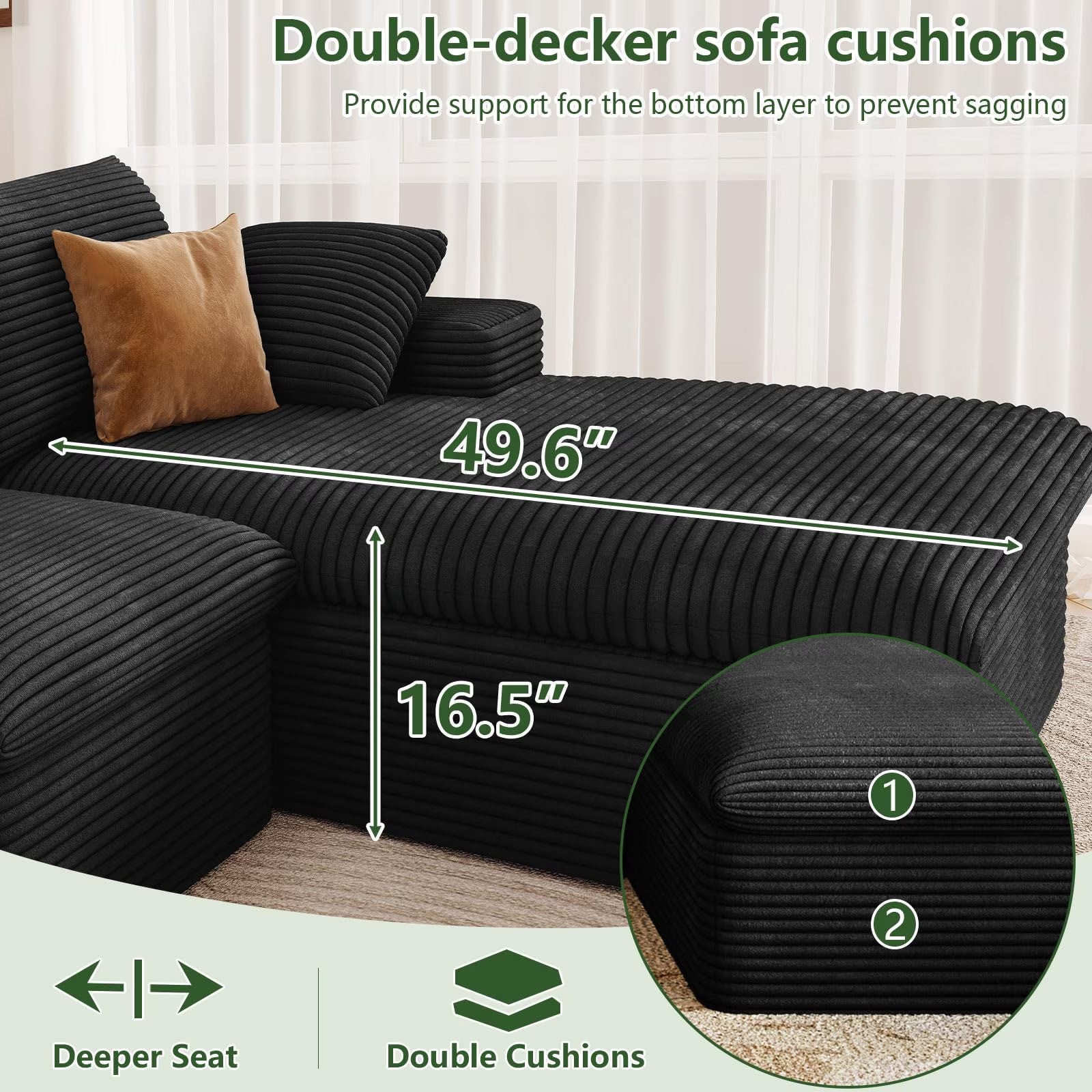 96" L-Shaped Sectional Couches for Living Room, Modular Cloud Couch with Chaise, Corduroy Deep Seat Boneless Sofa, No Assembly, Dark Gray
