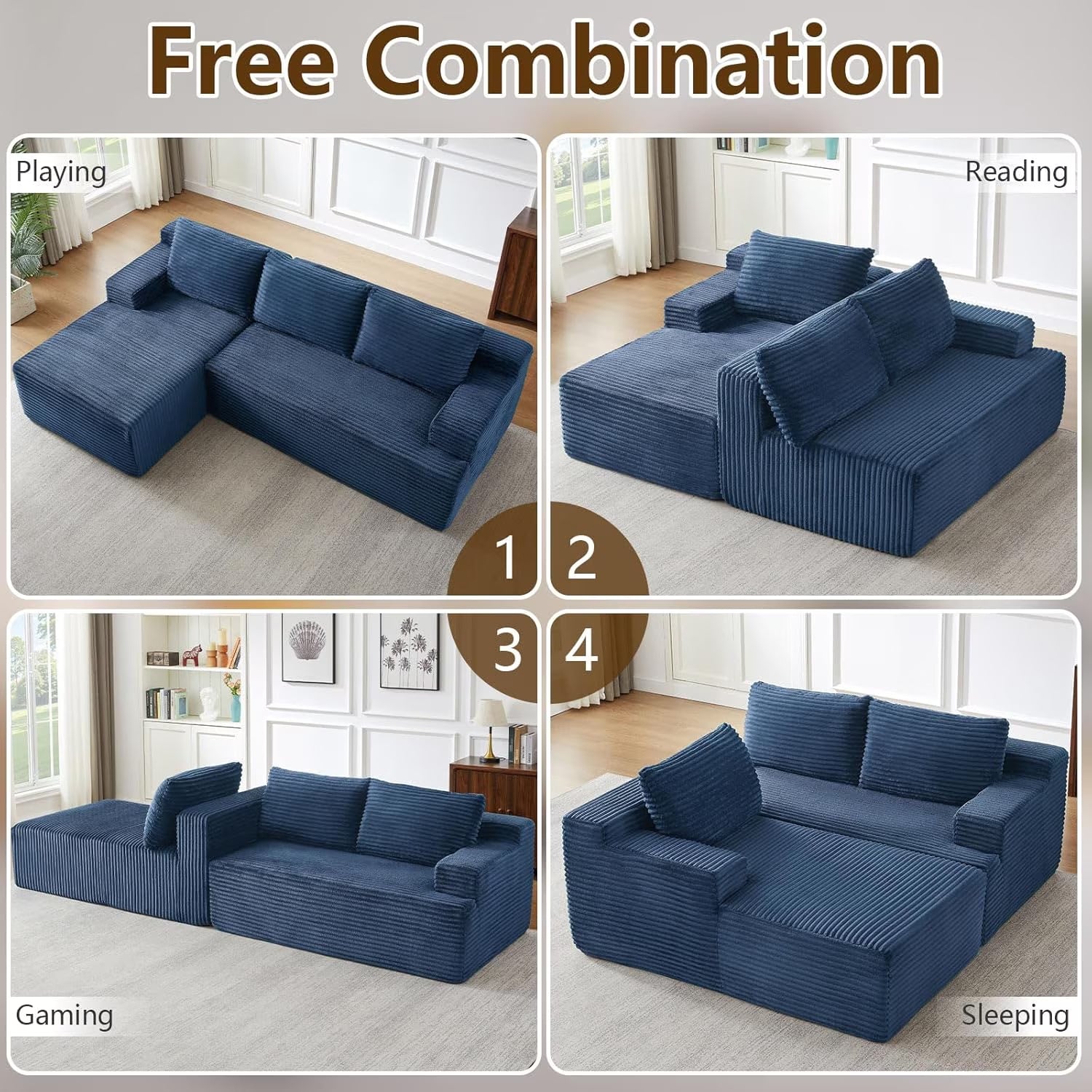 96" L-Shaped Sectional Couches for Living Room, Modular Cloud Couch with Chaise, Corduroy Deep Seat Boneless Sofa, No Assembly, Dark Gray