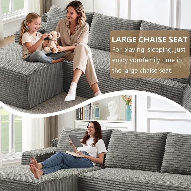 96" L-Shaped Sectional Couches for Living Room, Modular Cloud Couch with Chaise, Corduroy Deep Seat Boneless Sofa, No Assembly, Dark Gray