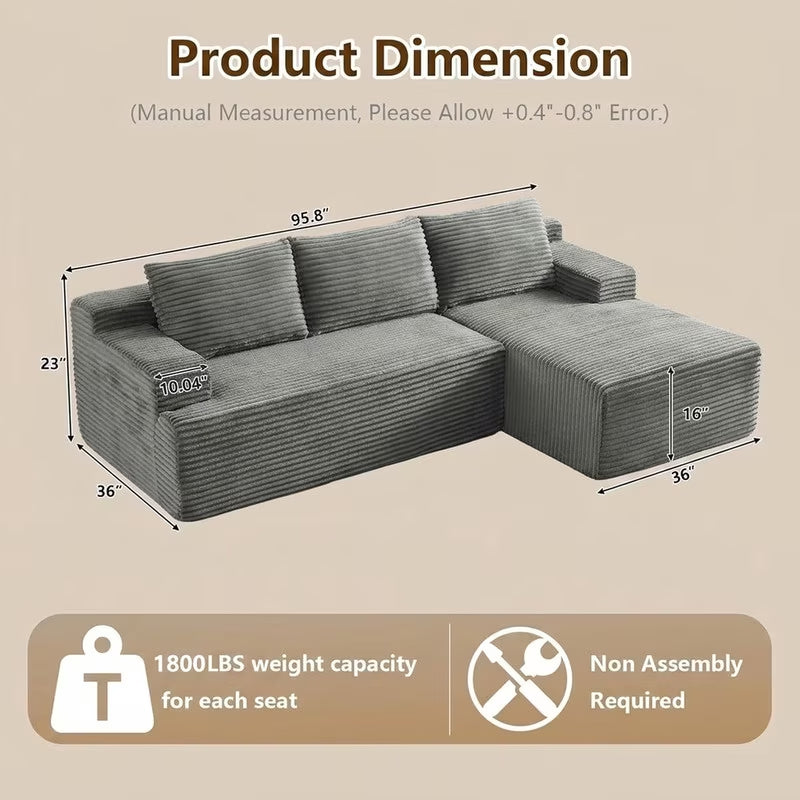 96" L-Shaped Sectional Couches for Living Room, Modular Cloud Couch with Chaise, Corduroy Deep Seat Boneless Sofa, No Assembly, Dark Gray