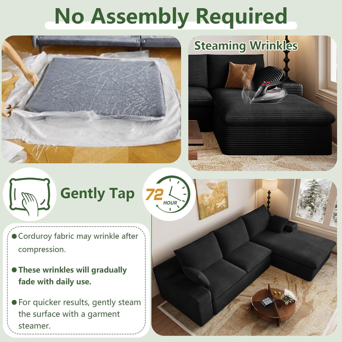 96" L-Shaped Sectional Couches for Living Room, Modular Cloud Couch with Chaise, Corduroy Deep Seat Boneless Sofa, No Assembly, Dark Gray