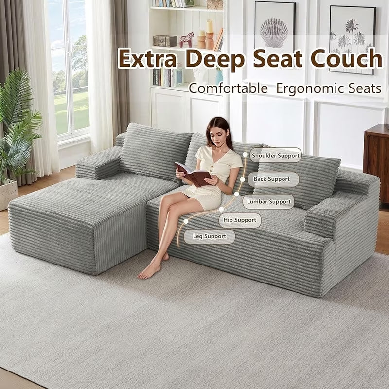 96" L-Shaped Sectional Couches for Living Room, Modular Cloud Couch with Chaise, Corduroy Deep Seat Boneless Sofa, No Assembly, Dark Gray