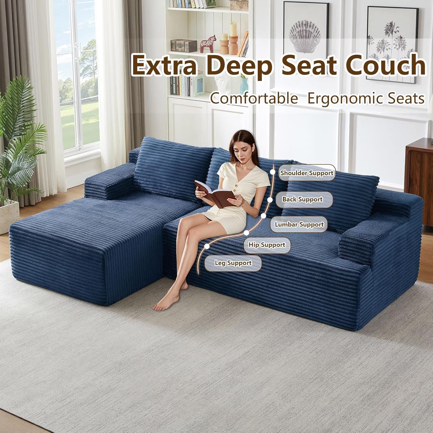 96" L-Shaped Sectional Couches for Living Room, Modular Cloud Couch with Chaise, Corduroy Deep Seat Boneless Sofa, No Assembly, Dark Gray
