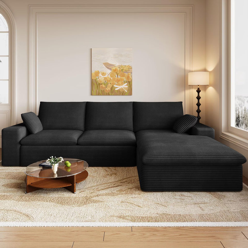 96" L-Shaped Sectional Couches for Living Room, Modular Cloud Couch with Chaise, Corduroy Deep Seat Boneless Sofa, No Assembly, Dark Gray