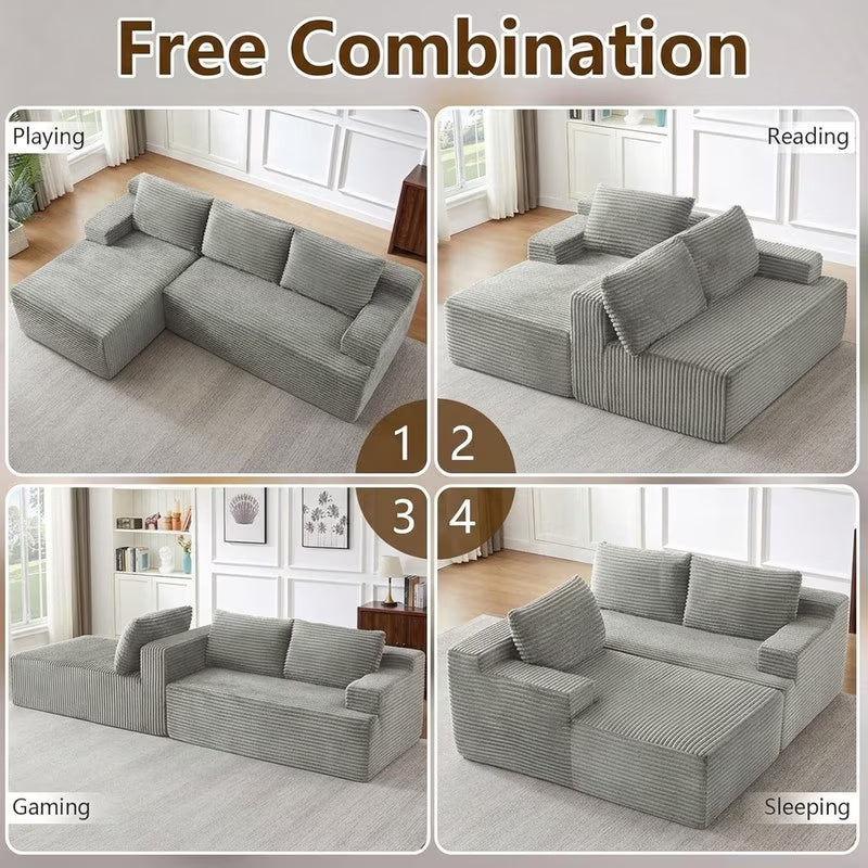 96" L-Shaped Sectional Couches for Living Room, Modular Cloud Couch with Chaise, Corduroy Deep Seat Boneless Sofa, No Assembly, Dark Gray