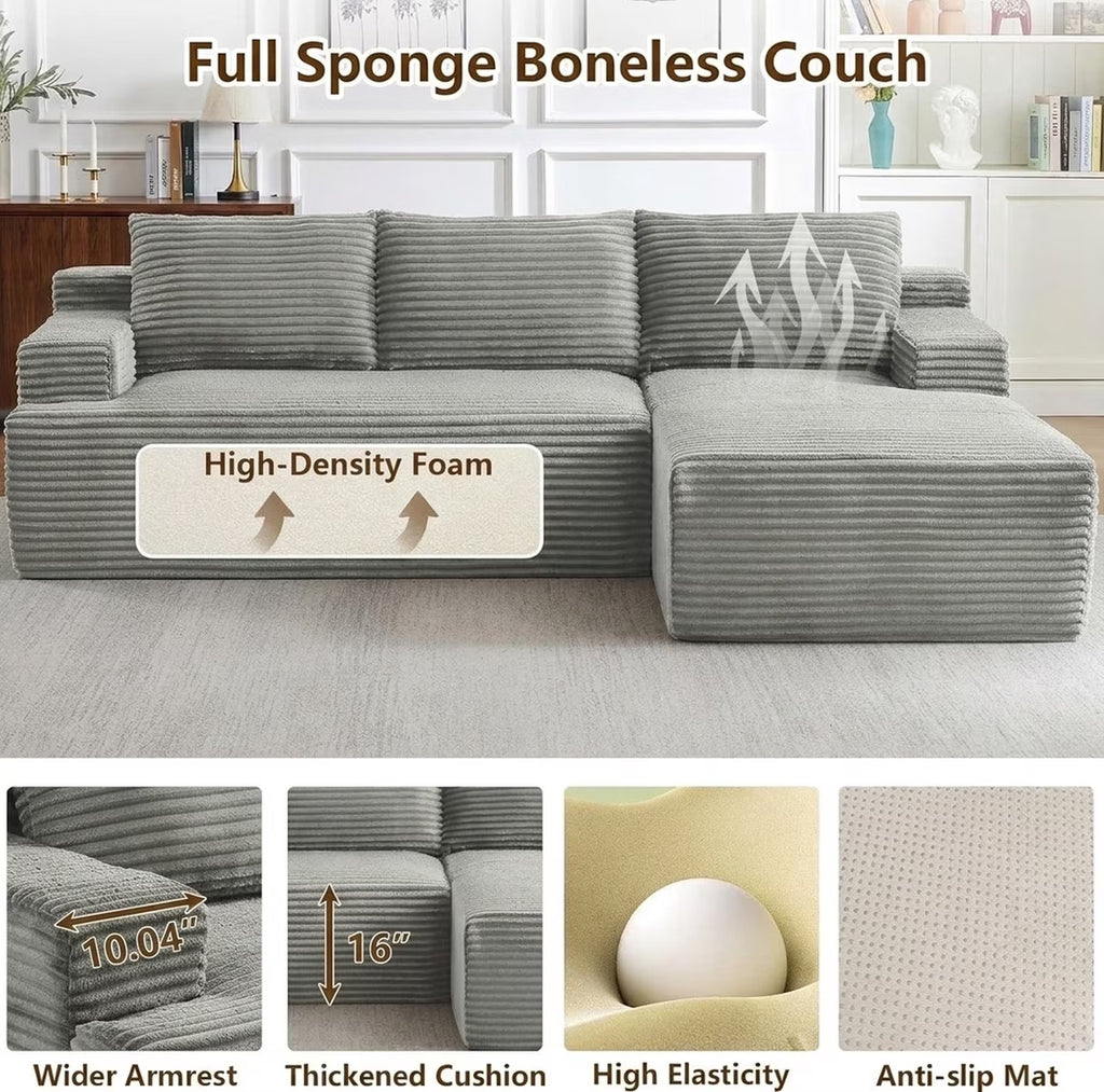96" L-Shaped Sectional Couches for Living Room, Modular Cloud Couch with Chaise, Corduroy Deep Seat Boneless Sofa, No Assembly, Dark Gray