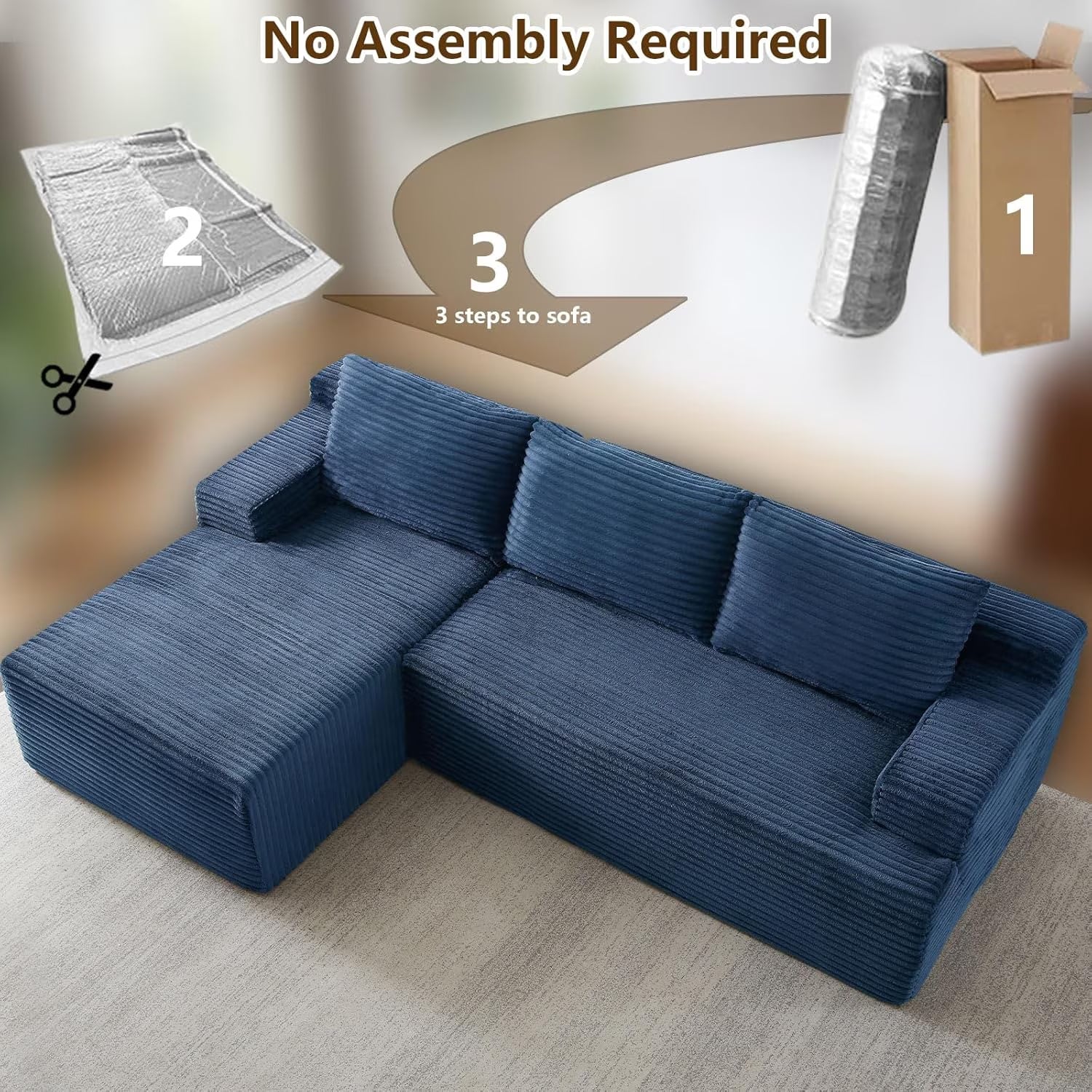 96" L-Shaped Sectional Couches for Living Room, Modular Cloud Couch with Chaise, Corduroy Deep Seat Boneless Sofa, No Assembly, Dark Gray