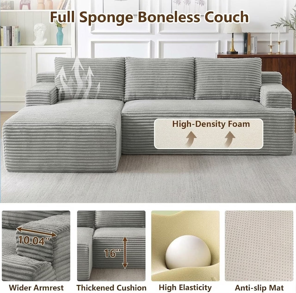 96" L-Shaped Sectional Couches for Living Room, Modular Cloud Couch with Chaise, Corduroy Deep Seat Boneless Sofa, No Assembly, Dark Gray