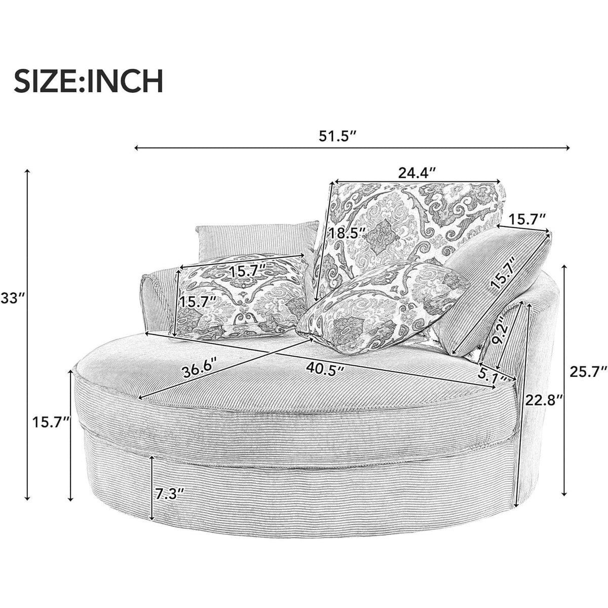 Beige SU-N719-Beige-51.5" Swivel Round Sofa+5 Pillows