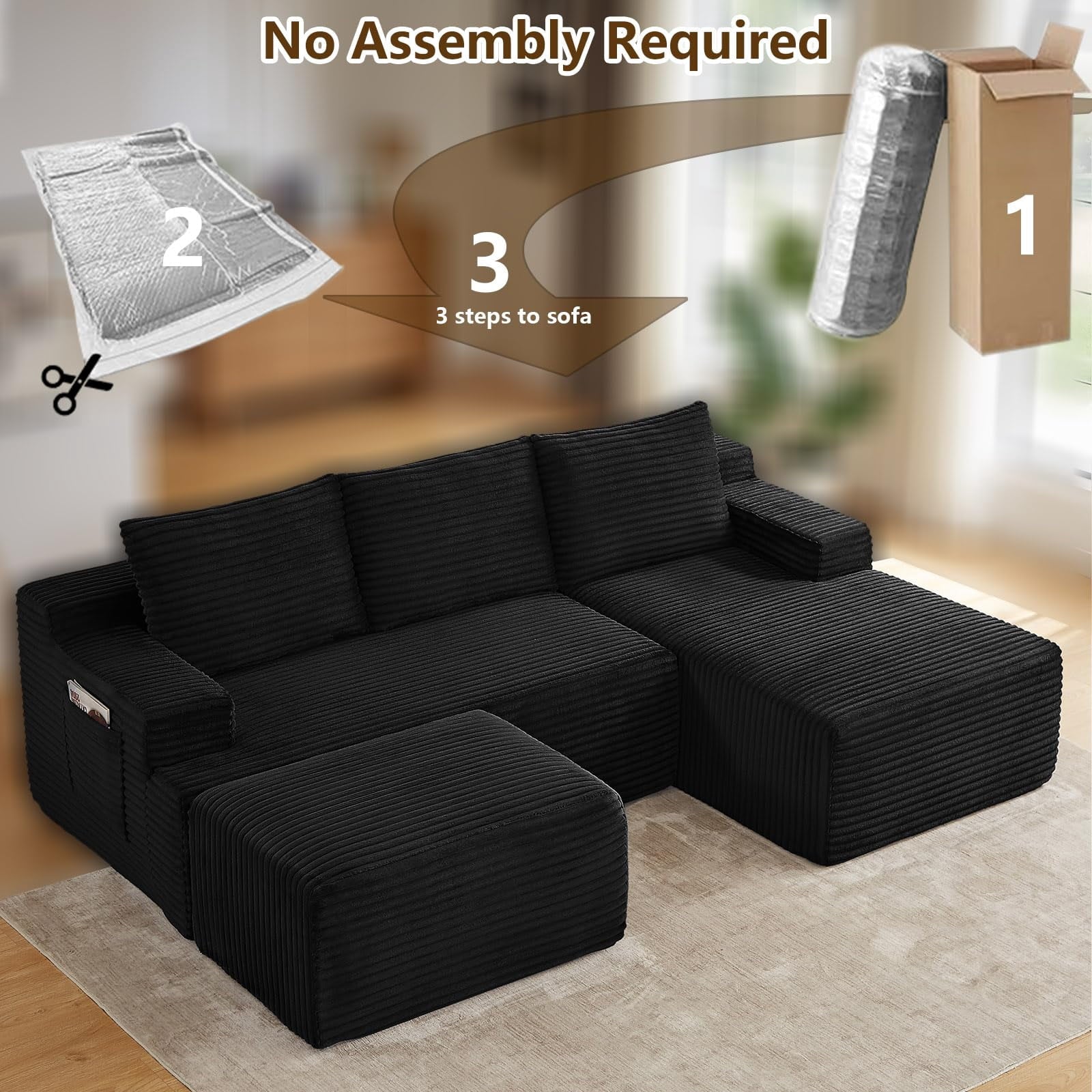 Black Small-3 Seaters Right Chaise+Ottoman-96.1 inch W2339DIY02