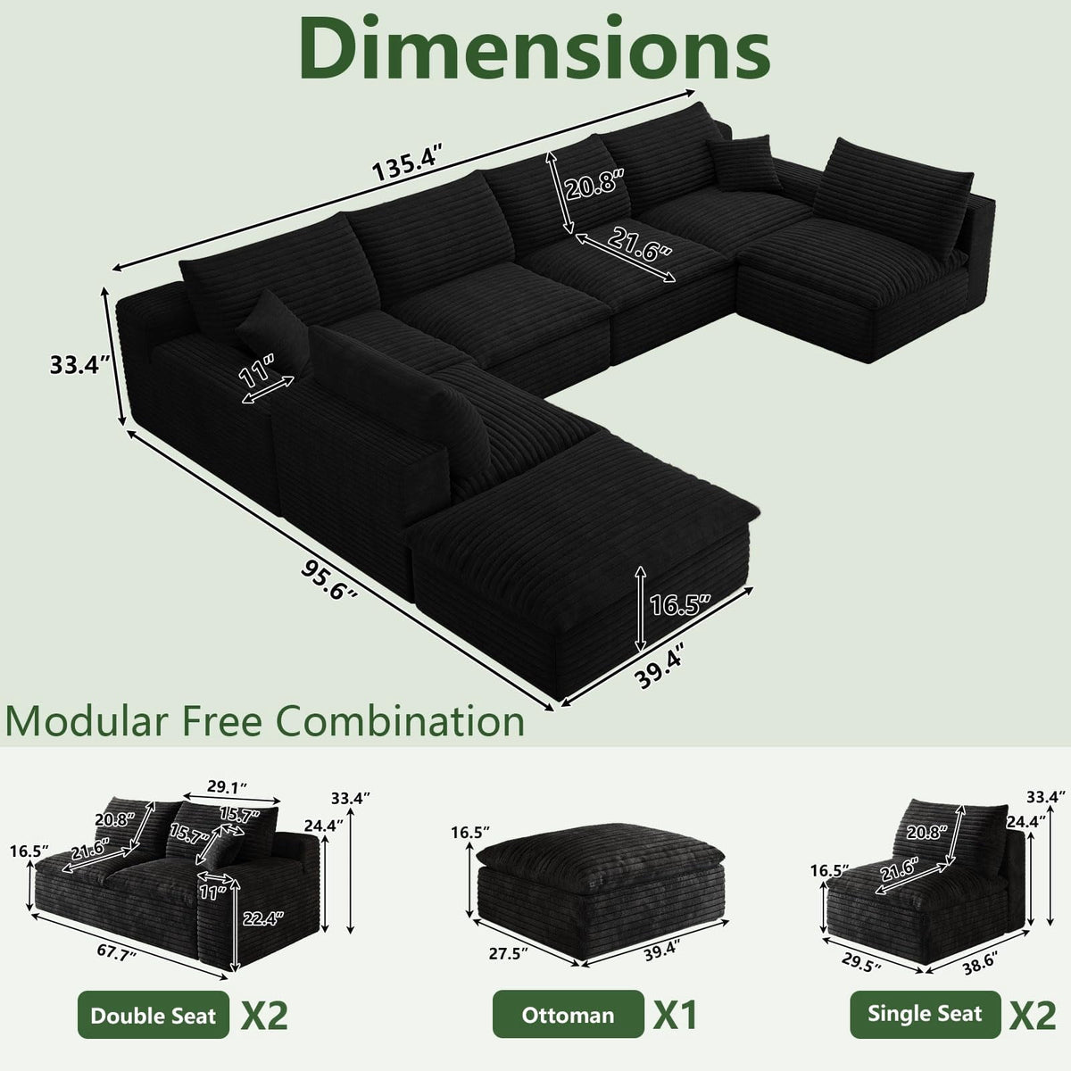 Black U-6 Seater+Ottoman W2824DIY124-Z