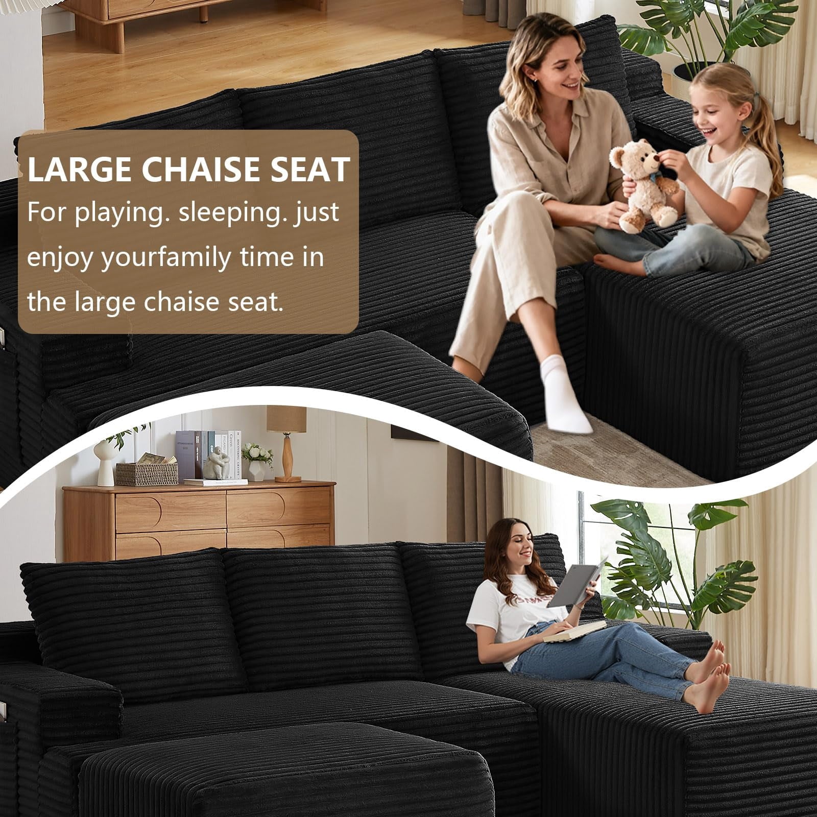 Black Small-3 Seaters Right Chaise+Ottoman-96.1 inch W2339DIY02