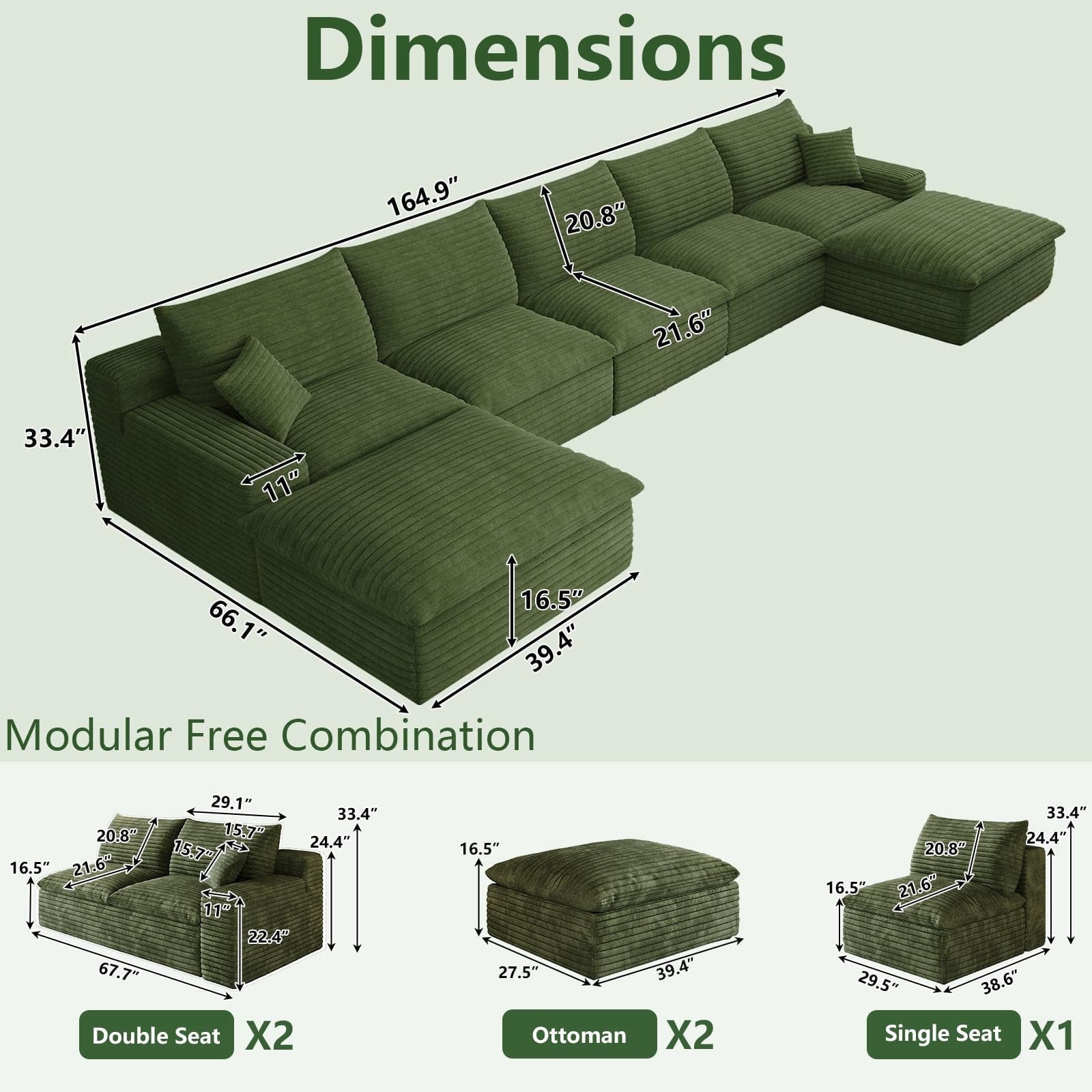 Green U-5 Seater+2 Ottoman W2824DIY129-Z