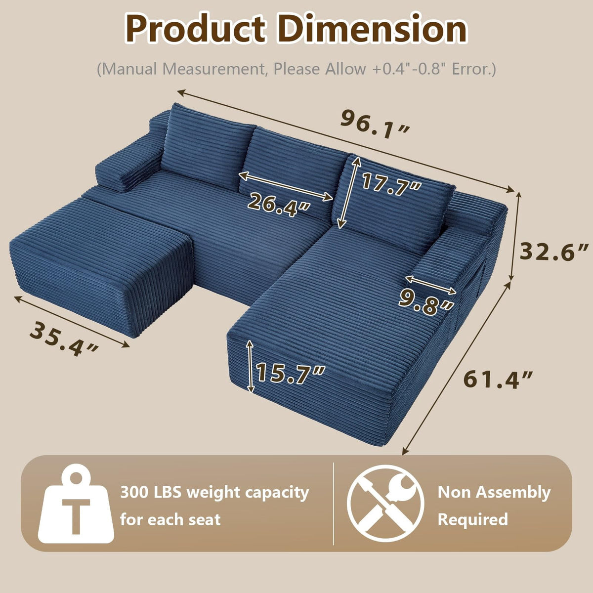 Blue Small-3 Seaters Right Chaise+Ottoman-96.1 inch W2339DIY08
