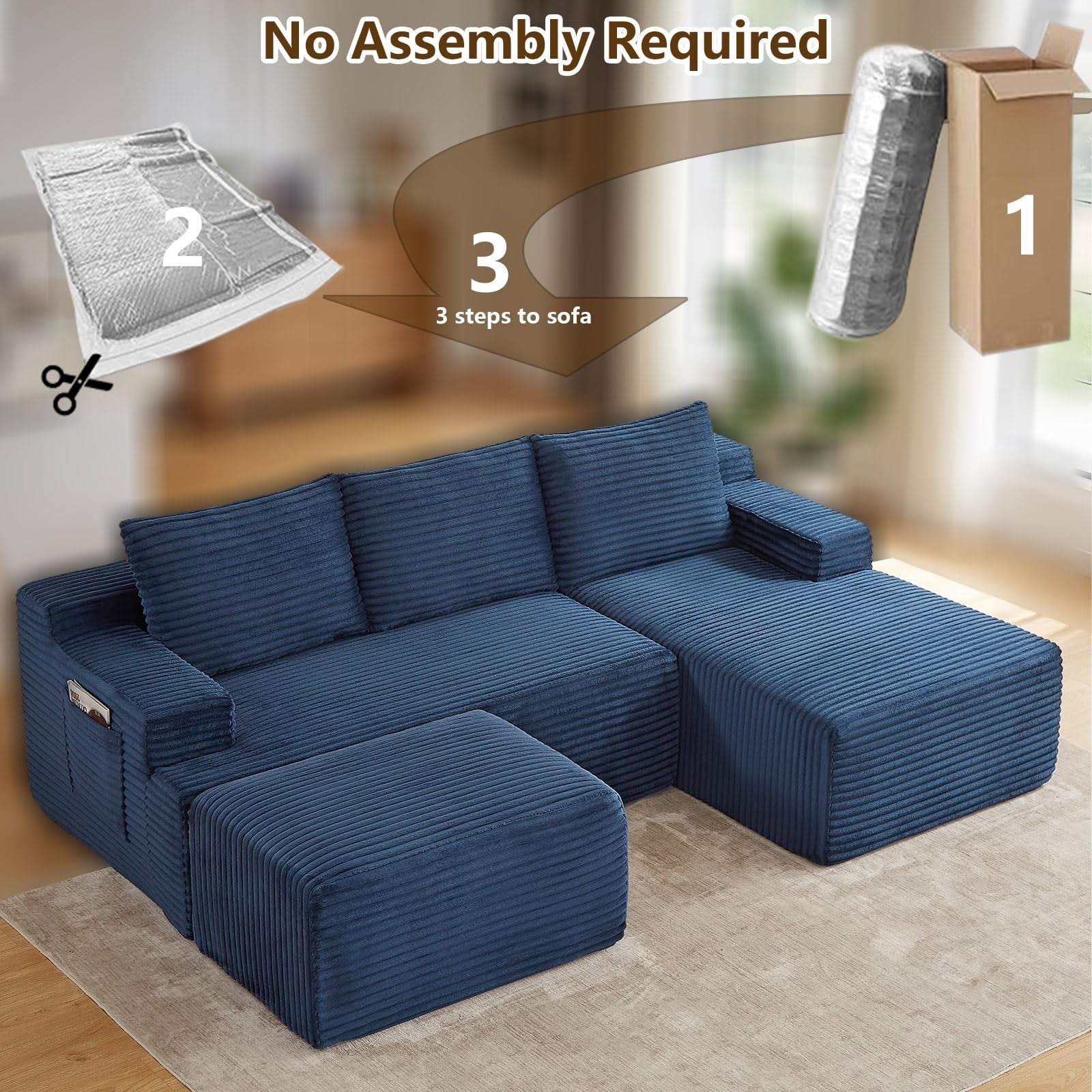 Blue Small-3 Seaters Right Chaise+Ottoman-96.1 inch W2339DIY08