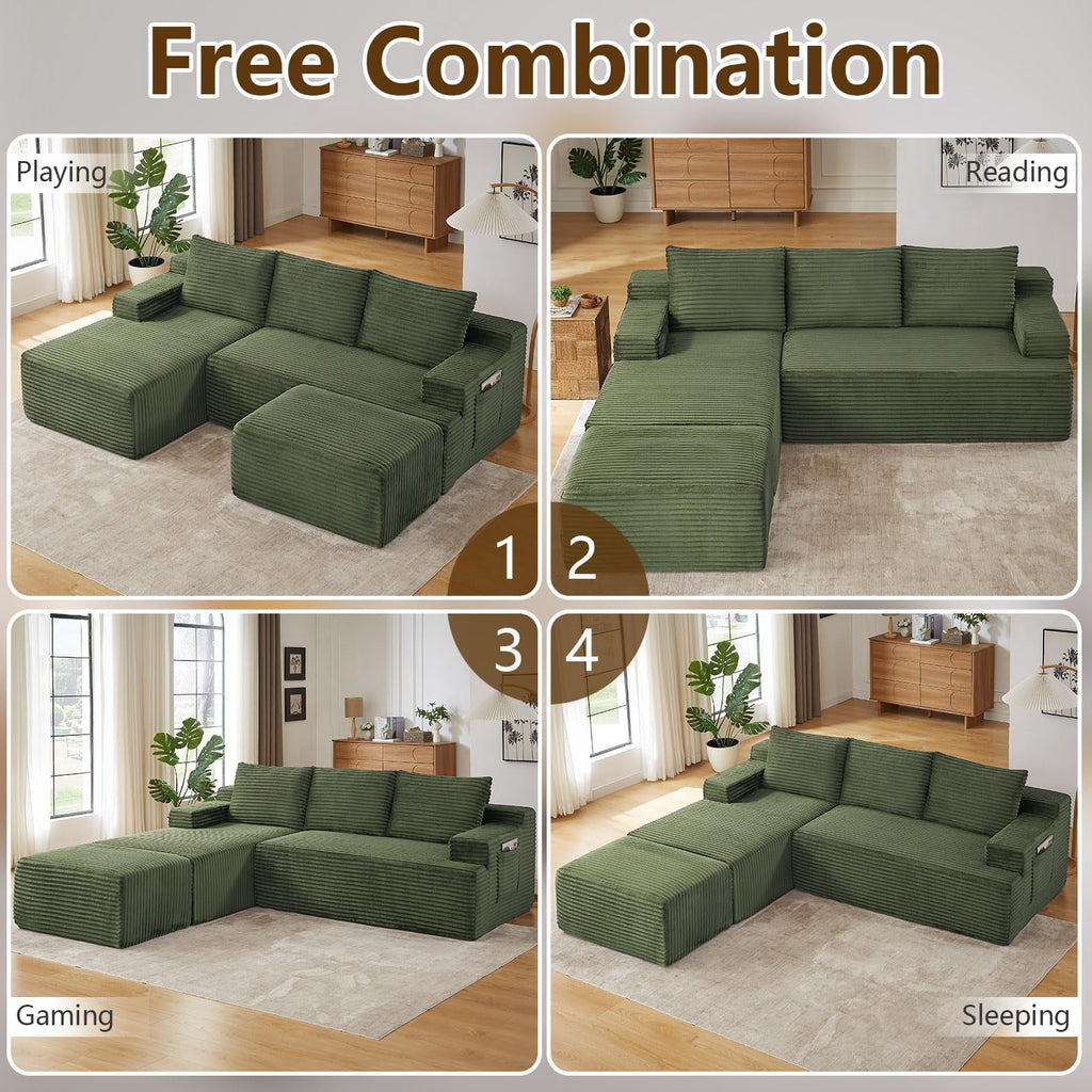 Green Small-3 Seaters Left Chaise+Ottoman-96.1 inch W2339DIY09